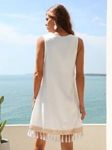 SHEIN Unity 拼接水溶蕾絲流蘇邊背心洋裝 - 白色 - 查看 2