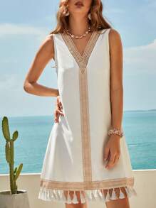 SHEIN Unity 拼接水溶蕾絲流蘇邊背心洋裝 - 白色 - 查看 4