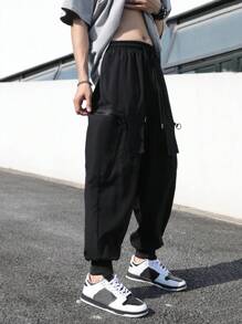 Manfinity Roghcode Men Flap Pocket Side Drawstring Waist Cargo Trousers - Black - View 1