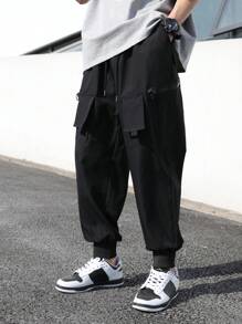 Manfinity Roghcode Men Flap Pocket Side Drawstring Waist Cargo Trousers - Black - View 4