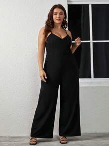 SHEIN Clasi Plus Solid Wide Leg Cami Jumpsuit - Black - View 6