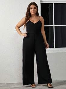 SHEIN Clasi Plus Solid Wide Leg Cami Jumpsuit - Black - View 1