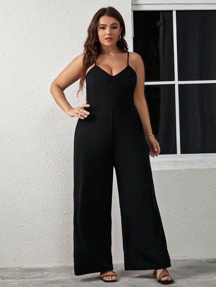 SHEIN Clasi Plus Solid Wide Leg Cami Jumpsuit - Black - View 1