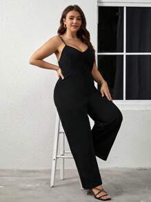SHEIN Clasi Plus Solid Wide Leg Cami Jumpsuit - Black - View 5
