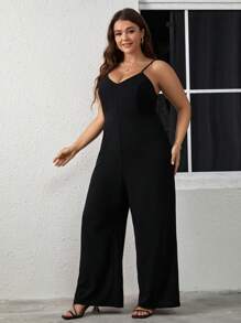 SHEIN Clasi Plus Solid Wide Leg Cami Jumpsuit - Black - View 7