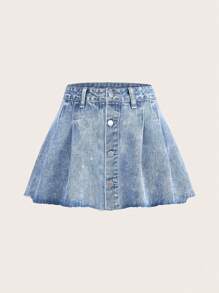 Váy denim nữ Hem thô Nút phía trước Xếp li màu trơn - Rửa nhẹ - Xem 3