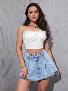 Váy denim nữ Hem thô Nút phía trước Xếp li màu trơn - Rửa nhẹ - Xem 1