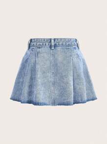 Váy denim nữ Hem thô Nút phía trước Xếp li màu trơn - Rửa nhẹ - Xem 4