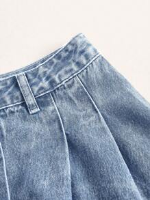 Váy denim nữ Hem thô Nút phía trước Xếp li màu trơn - Rửa nhẹ - Xem 6