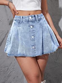 Váy denim nữ Hem thô Nút phía trước Xếp li màu trơn - Rửa nhẹ - Xem 2