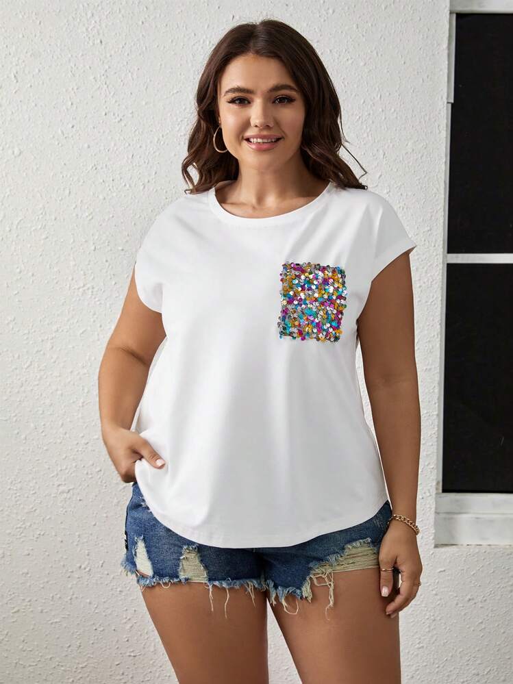 SHEIN LUNE 夏季撞色亮片贴袋蝙蝠袖 T 恤 - 白色 - 查看 5