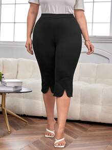 SHEIN Unity 大碼貝殼邊下擺開叉緊身打底褲 - 黑色 - 查看 1