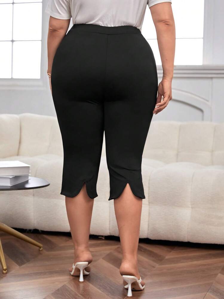 SHEIN Unity 大碼貝殼邊下擺開叉緊身打底褲 - 黑色 - 查看 2