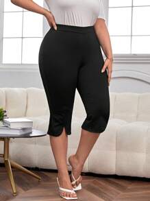 SHEIN Unity 大碼貝殼邊下擺開叉緊身打底褲 - 黑色 - 查看 3