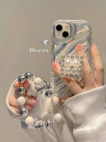 1 Vỏ Điện Thoại Đính Kim Cương Giả & Ngọc Trai Giả Trang Trí Nổi Bật Kẹp Điện Thoại Và Dây Buộc - Bạc - Xem 1