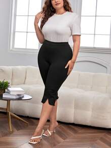 SHEIN Unity 大碼貝殼邊下擺開叉緊身打底褲 - 黑色 - 查看 5