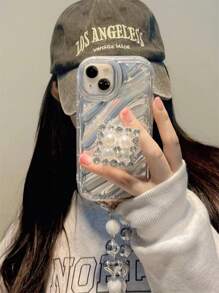 1 Vỏ Điện Thoại Đính Kim Cương Giả & Ngọc Trai Giả Trang Trí Nổi Bật Kẹp Điện Thoại Và Dây Buộc - Bạc - Xem 3