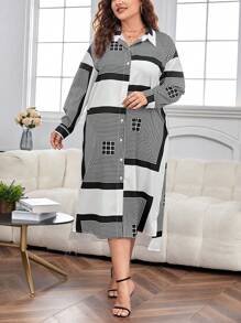 SHEIN Clasi 大碼幾何印花落肩袖襯衫連衣裙不附腰帶 - 黑與白 - 查看 4