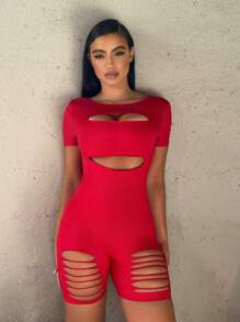 SHEIN SXY Đơn vị Nữ Cắt ra Bị tách màu trơn - Đỏ - Xem 3