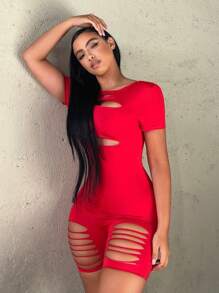 SHEIN SXY Đơn vị Nữ Cắt ra Bị tách màu trơn - Đỏ - Xem 4