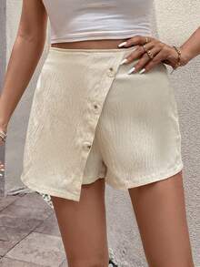 SHEIN LUNE 紐扣細節前圍裹短褲 - 杏色 - 查看 5