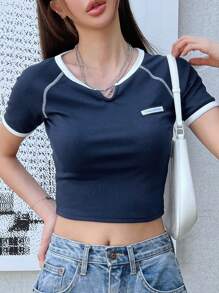 DAZY Áo thun nữ Đắp vá Tương phản ràng buộc Lá thư Giải trí - Màu xanh hải quân - Xem 1