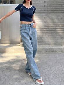 DAZY Áo thun nữ Đắp vá Tương phản ràng buộc Lá thư Giải trí - Màu xanh hải quân - Xem 5