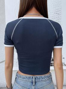 DAZY Áo thun nữ Đắp vá Tương phản ràng buộc Lá thư Giải trí - Màu xanh hải quân - Xem 6