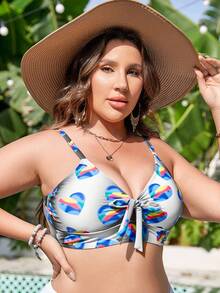 大碼愛心圖案前打結比基尼泳裝上衣 - 彩色 - 查看 3