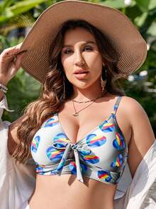 大碼愛心圖案前打結比基尼泳裝上衣 - 彩色 - 查看 5