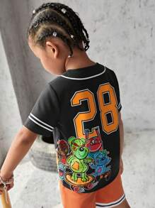 SHEIN Explorewe Áo sơ mi bé trai Nút phía trước Hoạt hình Lá thư Giải trí - màu đen - Xem 1