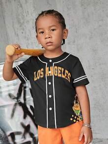 SHEIN Explorewe Áo sơ mi bé trai Nút phía trước Hoạt hình Lá thư Giải trí - màu đen - Xem 3