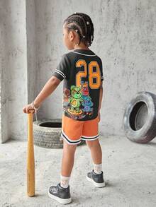 SHEIN Explorewe Áo sơ mi bé trai Nút phía trước Hoạt hình Lá thư Giải trí - màu đen - Xem 5