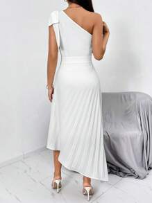 Firerie One Shoulder Knot Shoulder Pleated Asymmetrical Hem Dress - White - View 3