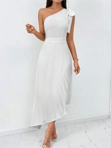 Firerie One Shoulder Knot Shoulder Pleated Asymmetrical Hem Dress - White - View 4