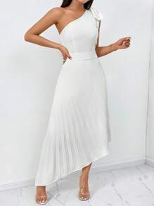 Firerie One Shoulder Knot Shoulder Pleated Asymmetrical Hem Dress - White - View 1