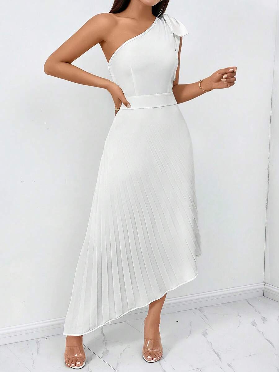 Firerie One Shoulder Knot Shoulder Pleated Asymmetrical Hem Dress - White - View 1