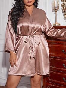 Talla grande Bata con cinturón de satén - Rosa vieja - Ver 1