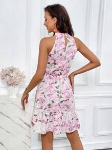 SHEIN Privé Floral Print Ruffle Hem Halter Dress - Multicolor - View 6