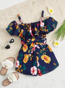 SHEIN Jumpsuit bé gái Thắt lưng Cắt ra Xù Hoa Tất cả trên in Boho - Nhiều màu - Xem 1