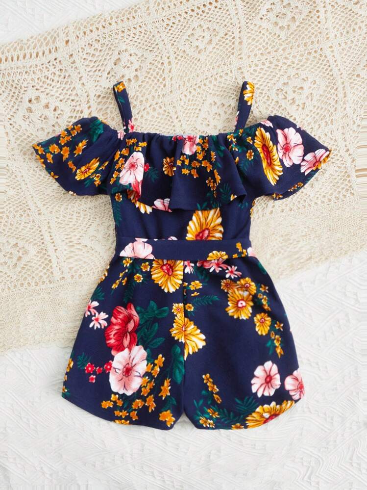 SHEIN 女の子幼児 花柄プリント コールドショルダー フリルトリム ベルト ロンパース - マルチカラー - 見る 2