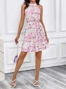 SHEIN Privé Floral Print Ruffle Hem Halter Dress - Multicolor - View 5