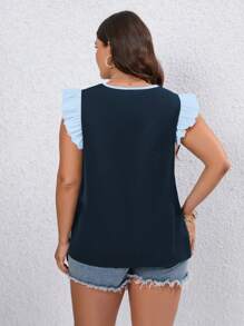 SHEIN LUNE 大碼撞色荷葉邊蝴蝶袖襯衫 - 彩色 - 查看 2