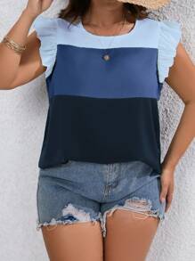 SHEIN LUNE 大碼撞色荷葉邊蝴蝶袖襯衫 - 彩色 - 查看 3