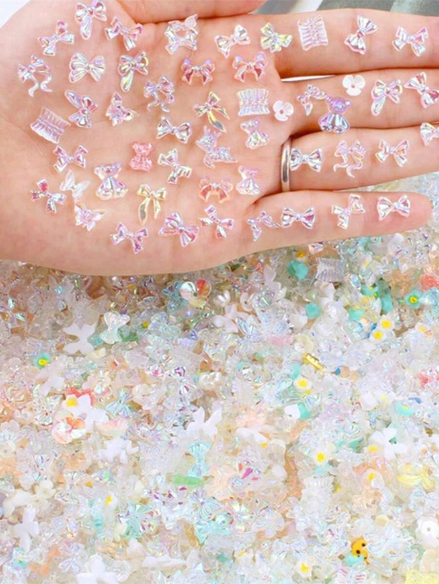 梦幻连衣裙蝴蝶结美甲装饰，1包3D树脂饰品DIY美甲配件，适用于按压式美甲，美甲宝石，美甲用品，美甲 - 彩色 - 查看 1