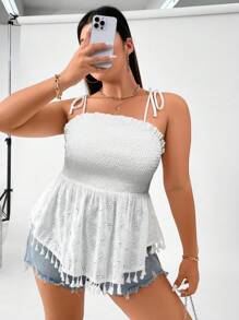 Celure 大碼流蘇邊肩上打結荷葉擺吊帶上衣 - 白色 - 查看 1