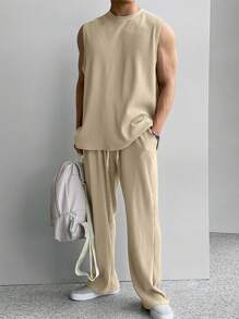 Manfinity Homme 男士素色背心上衣和腰部抽繩長褲 - 卡其色 - 查看 1