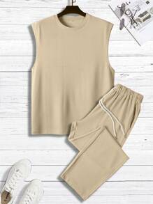 Manfinity Homme 男士素色背心上衣和腰部抽繩長褲 - 卡其色 - 查看 2