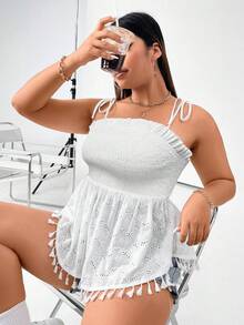 Celure 大碼流蘇邊肩上打結荷葉擺吊帶上衣 - 白色 - 查看 6