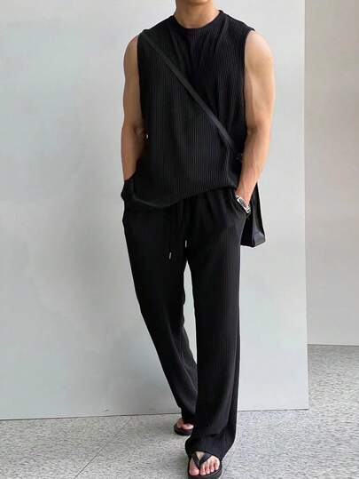 Manfinity Homme 男士素色背心上衣和腰部抽繩長褲